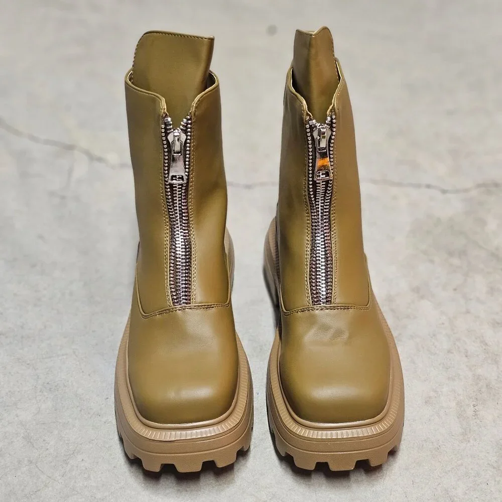 Chunky Sole Olive Green Leather Ankle Boots With Front Zipper And Lug Outsole Fo - Picture 7 of 8